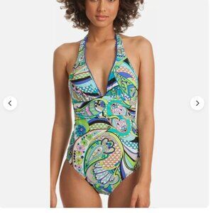 TRINA TURK NOMAD PAISLEY HALTER 1 PC SWIMSUIT Cobalt Sz. 10